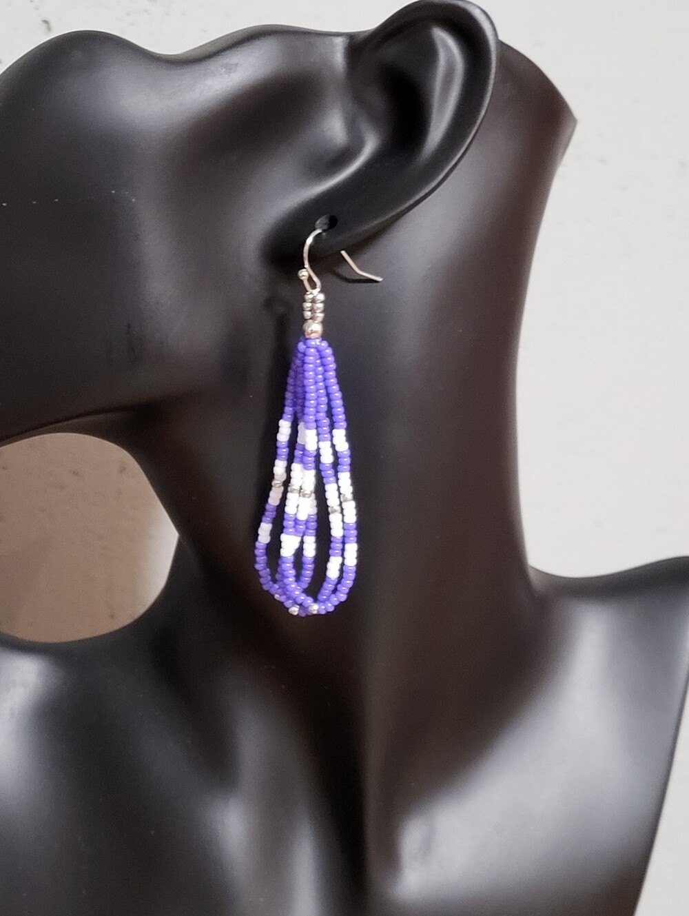 Handmade  Seed Bead Loop Earrings Purple, White, and silver